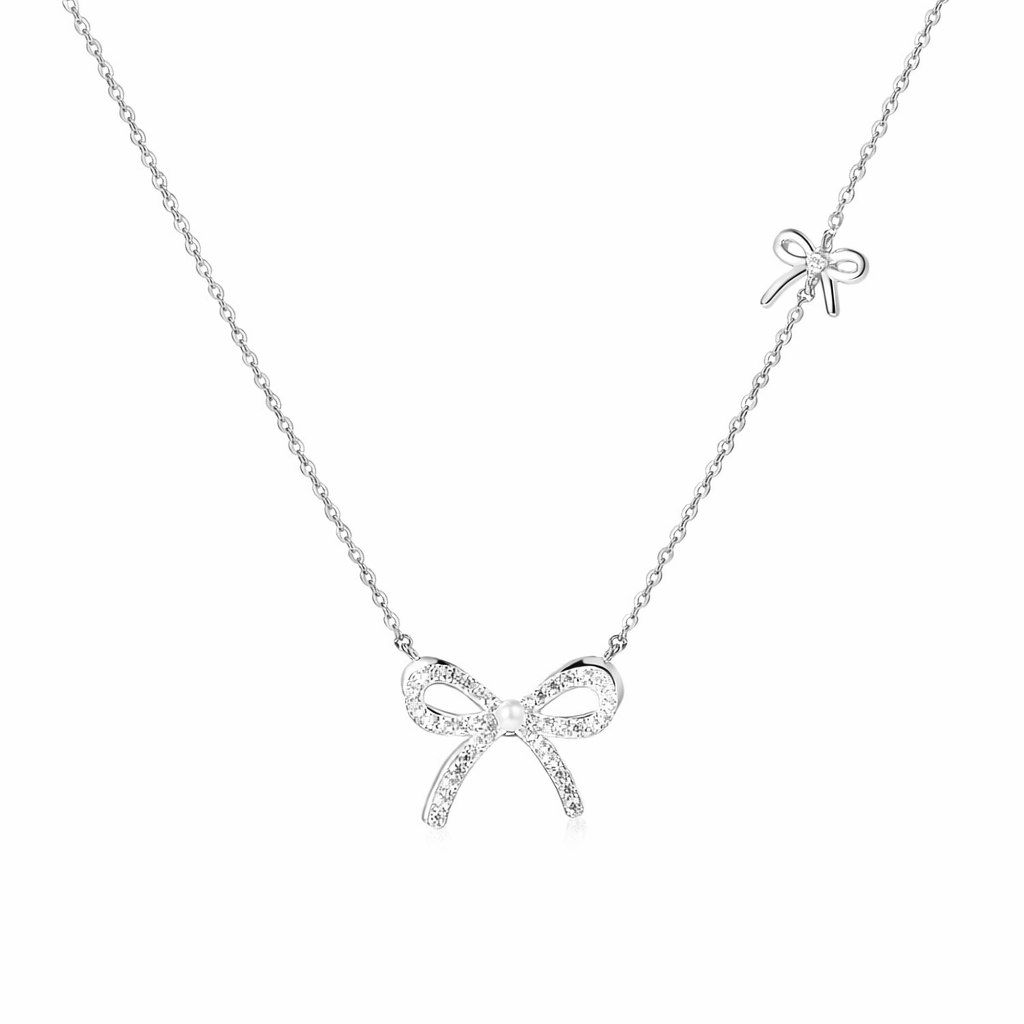  Dainty Pave Bow Ribbon Necklace in Sterling Silver - friendship necklace gift from Bestie Keepsake