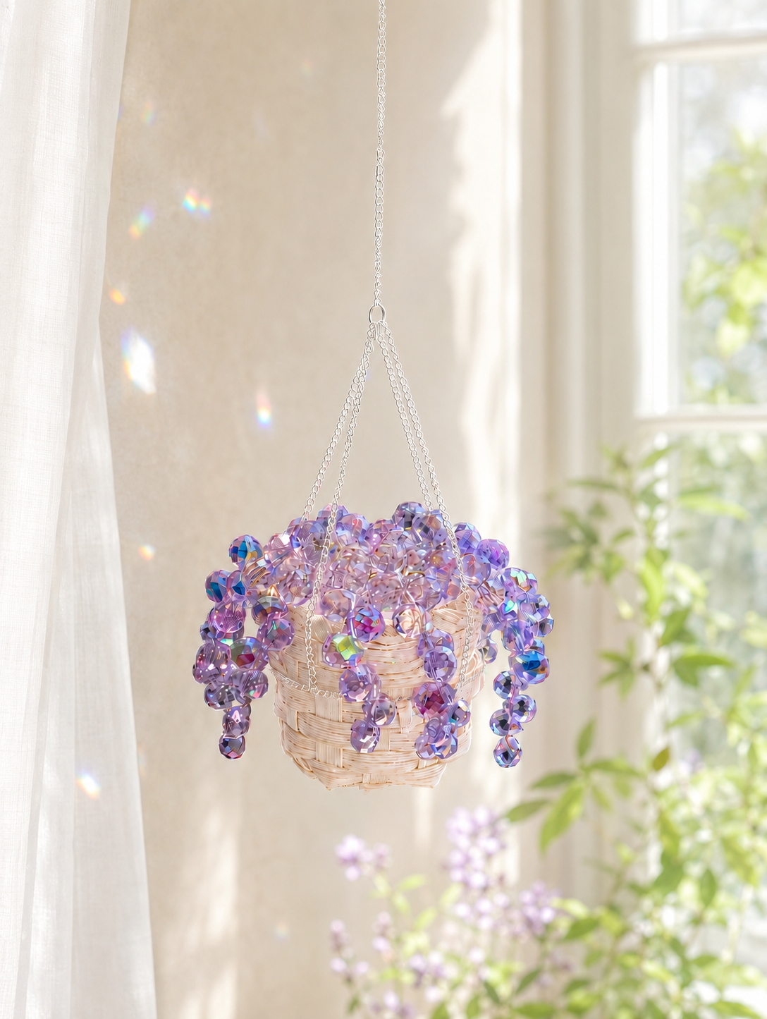 Mini purple beaded plant hanging by a sunny window