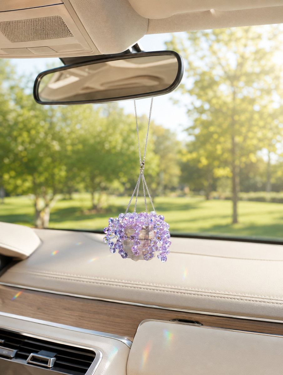 Mini purple beaded plant car charm on rearview mirror