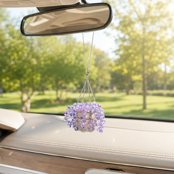 Mini purple beaded plant car charm on rearview mirror