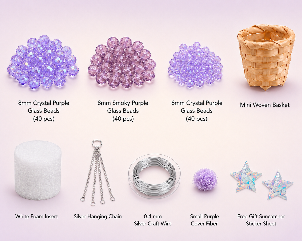 Mini purple beaded plant DIY kit contents