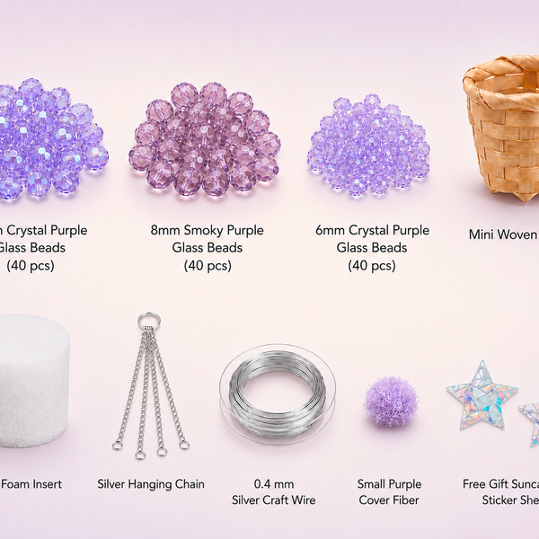 Mini purple beaded plant DIY kit contents