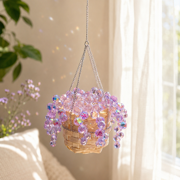 Purple beaded hanging plant in a cozy reading nook