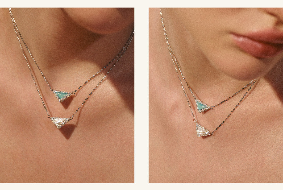  Delta Geometric Triangle Necklace with Stone Inlay - friendship necklace gift from Bestie Keepsake
