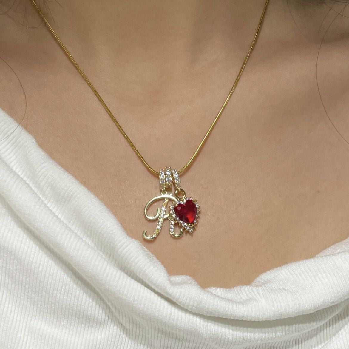  Ornate Script Initial & Red Heart Necklace in 18K Gold Plated - friendship necklace gift from Bestie Keepsake