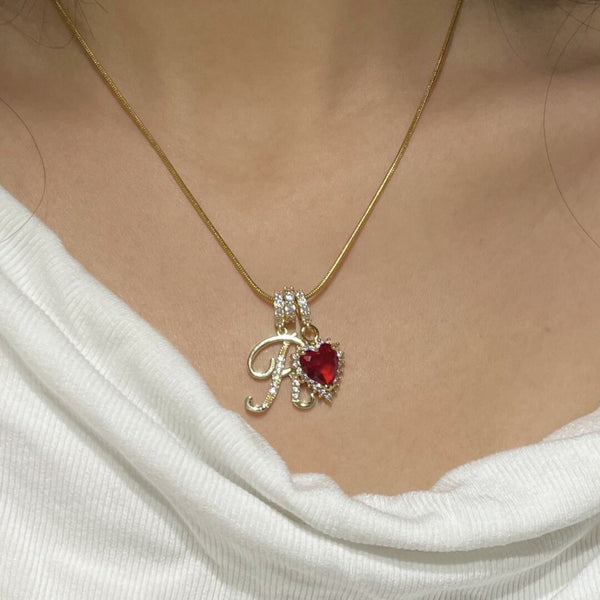  Ornate Script Initial & Red Heart Necklace in 18K Gold Plated - friendship necklace gift from Bestie Keepsake