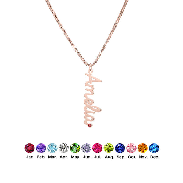  Vertical Script Name Birthstone Necklace in Stainless Steel - friendship necklace gift from Bestie Keepsake