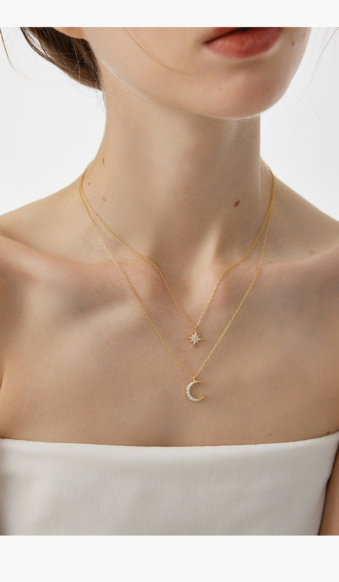  Star and Crescent Moon Layered Necklace in Brass - friendship necklace gift from Bestie Keepsake