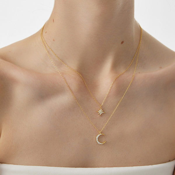  Star and Crescent Moon Layered Necklace in Brass - friendship necklace gift from Bestie Keepsake