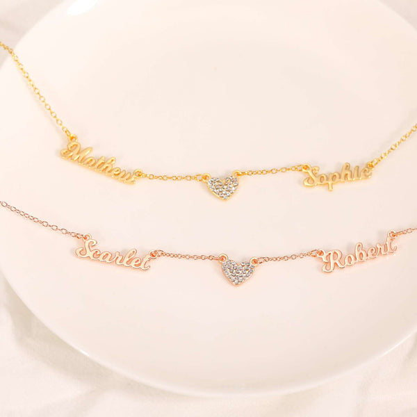  Script Multi-Name & Pave Heart Necklace in Stainless Steel - friendship necklace gift from Bestie Keepsake