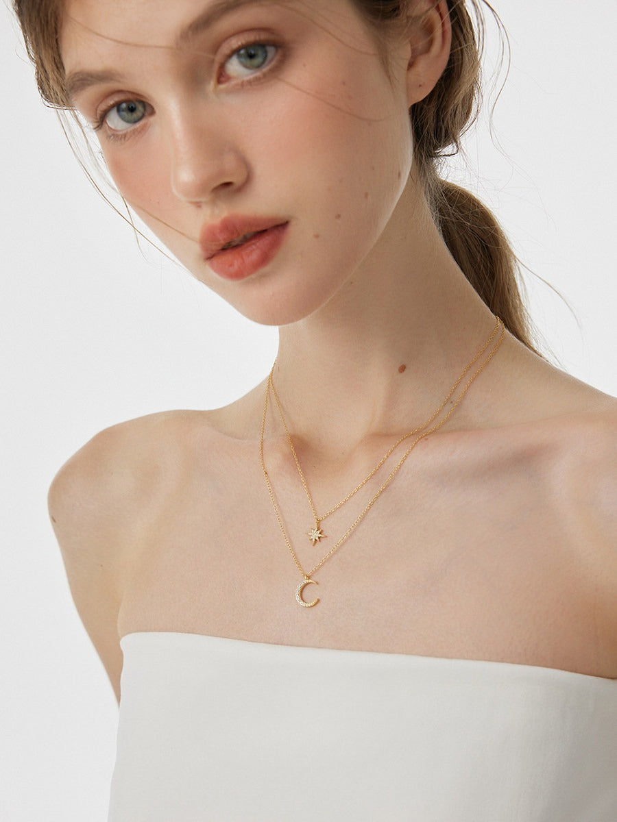  Star and Crescent Moon Layered Necklace in Brass - friendship necklace gift from Bestie Keepsake