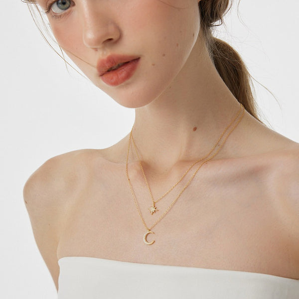  Star and Crescent Moon Layered Necklace in Brass - friendship necklace gift from Bestie Keepsake