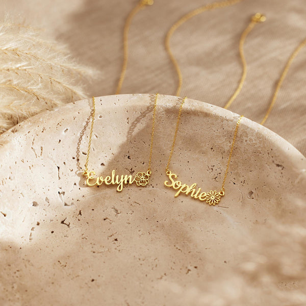  Script Name & Birth Flower Necklace Stainless Steel - friendship necklace gift from Bestie Keepsake