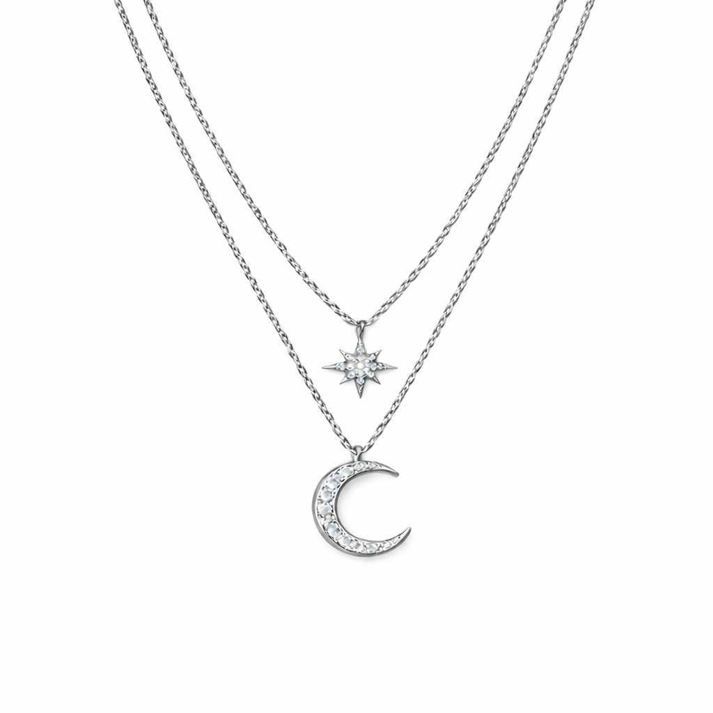 Star and Crescent Moon Layered Necklace in Brass - friendship necklace gift from Bestie Keepsake