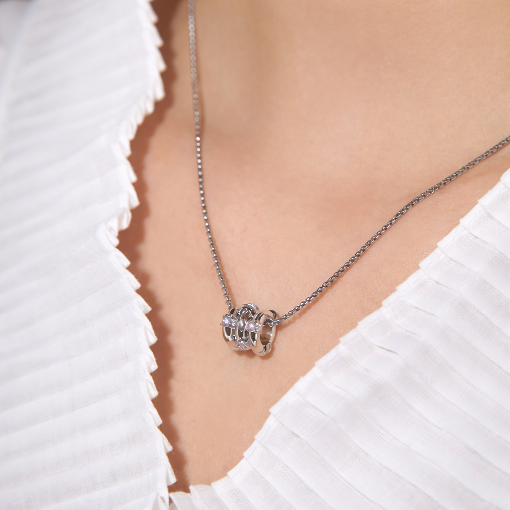  Ridged Barrel Pendant Necklace with Cubic Zirconia - friendship necklace gift from Bestie Keepsake