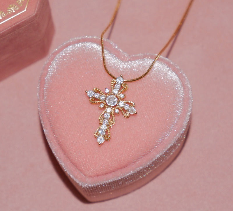  Ornate Zirconia Cross Pendant Necklace - friendship necklace gift from Bestie Keepsake