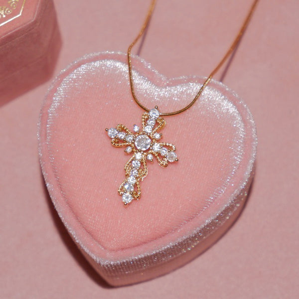  Ornate Zirconia Cross Pendant Necklace - friendship necklace gift from Bestie Keepsake