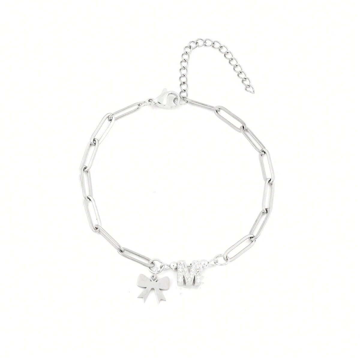  Bow & Pavé Initial Paperclip Bracelet Stainless Steel - friendship necklace gift from Bestie Keepsake