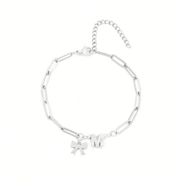  Bow & Pavé Initial Paperclip Bracelet Stainless Steel - friendship necklace gift from Bestie Keepsake