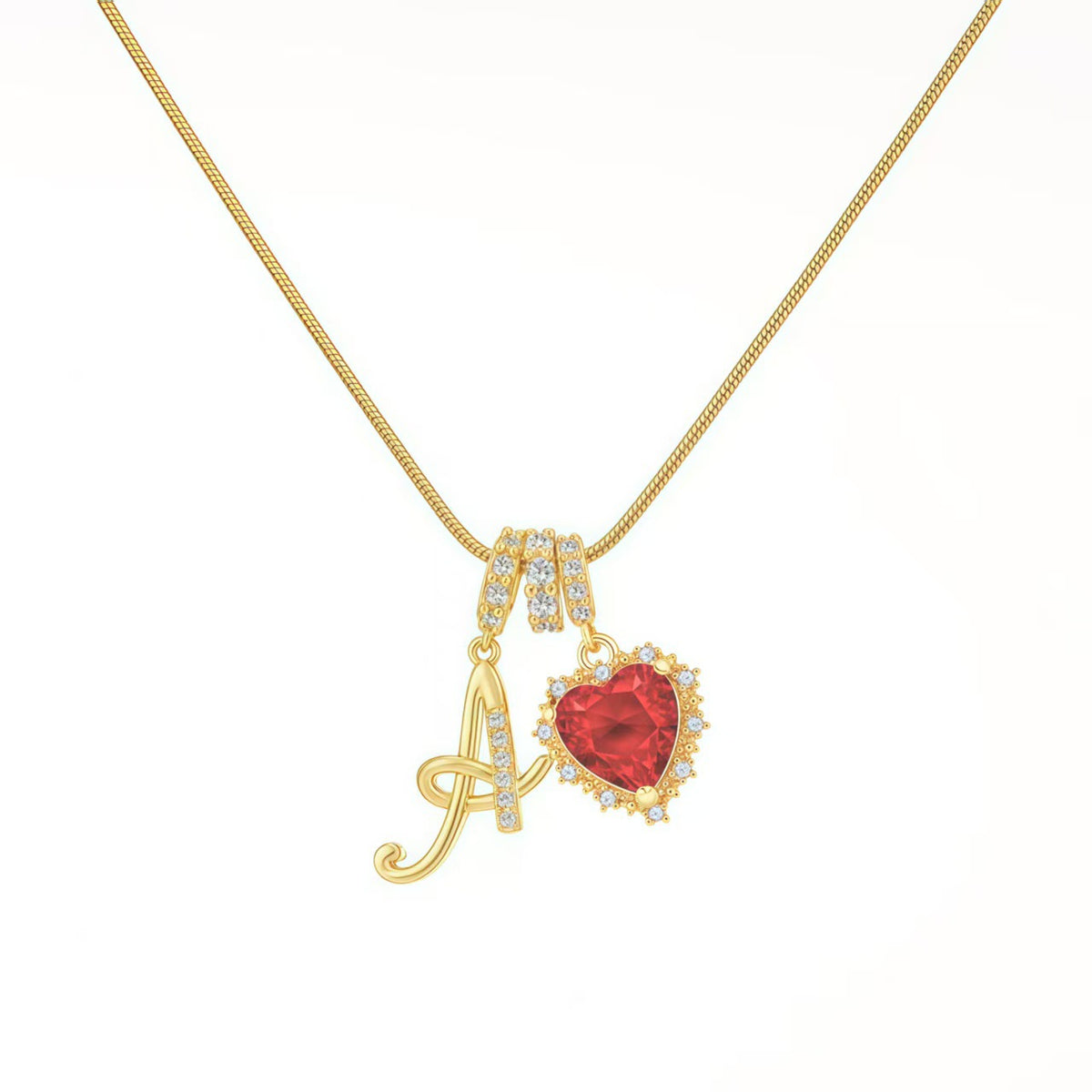  Ornate Script Initial & Red Heart Necklace in 18K Gold Plated - friendship necklace gift from Bestie Keepsake