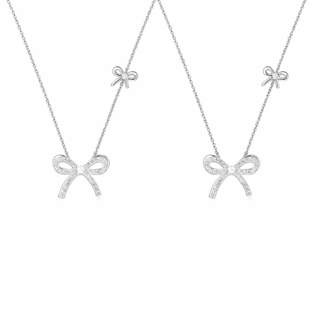  Dainty Pave Bow Ribbon Necklace in Sterling Silver - friendship necklace gift from Bestie Keepsake