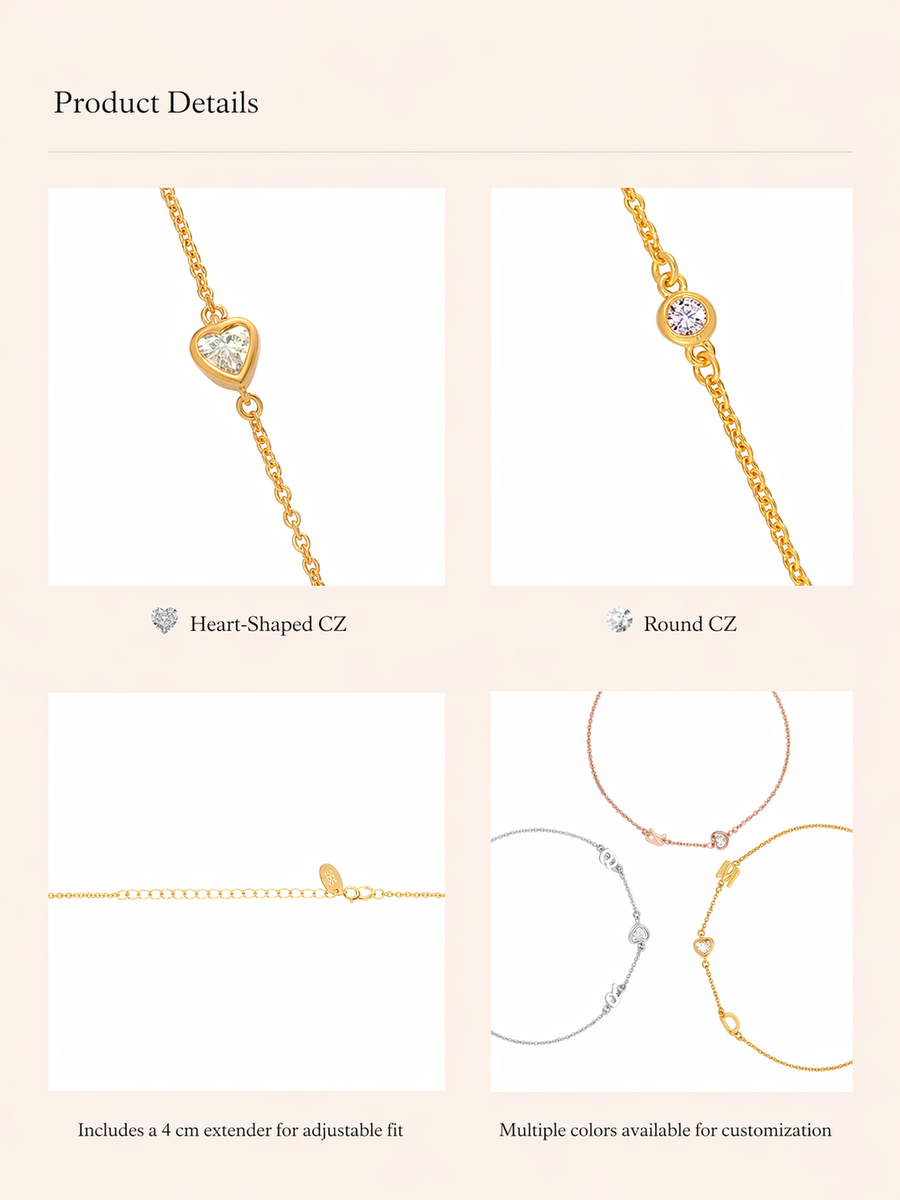  Dainty Initial & Heart Stone Bracelet in 18K Gold Plated S925 Silver - friendship necklace gift from Bestie Keepsake