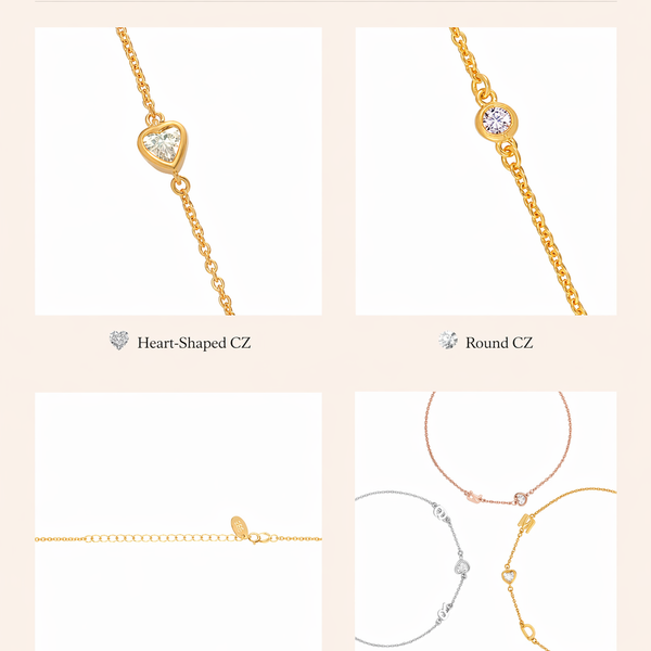  Dainty Initial & Heart Stone Bracelet in 18K Gold Plated S925 Silver - friendship necklace gift from Bestie Keepsake