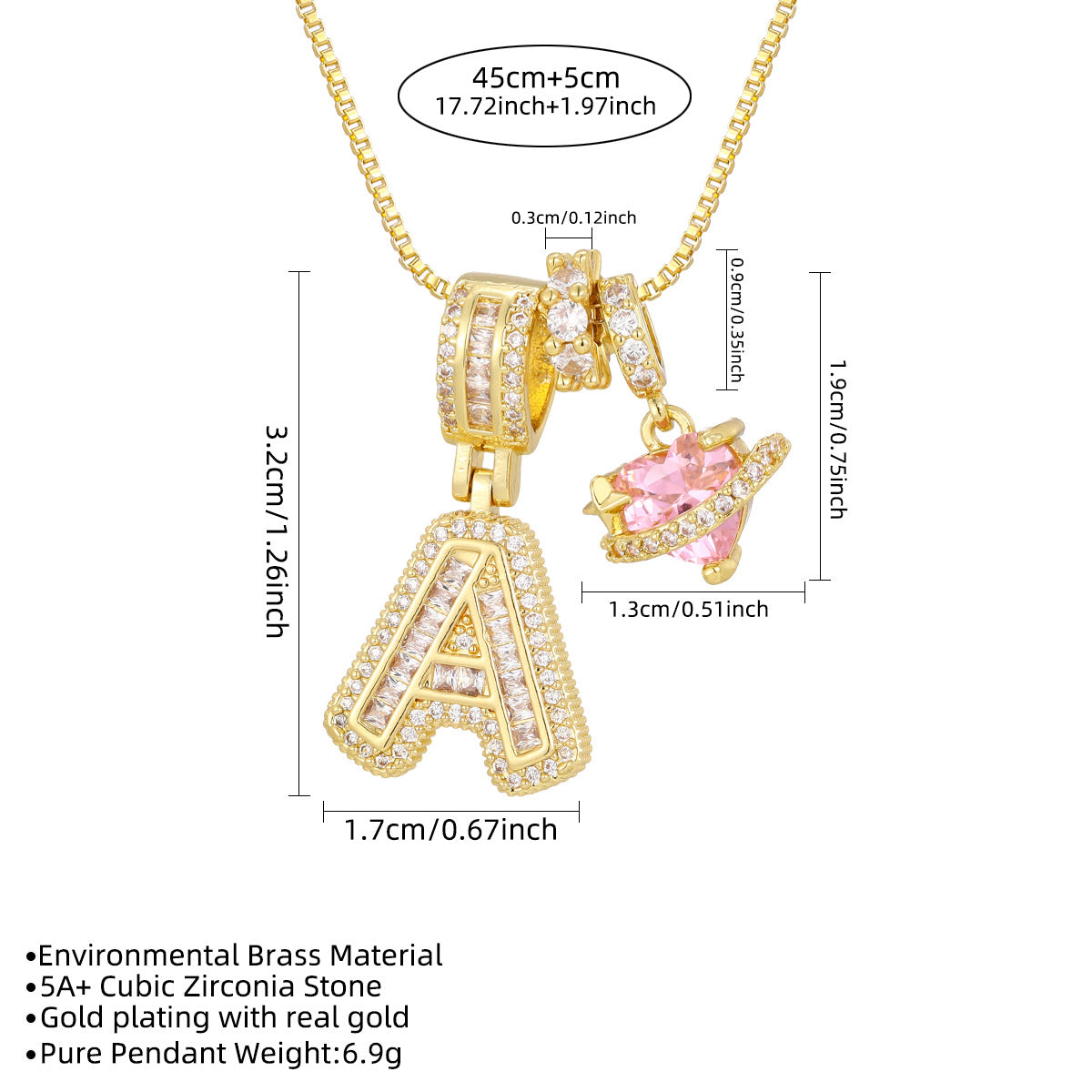  Iced Baguette Initial Necklace with Pink Heart Planet Charm - friendship necklace gift from Bestie Keepsake