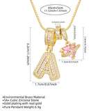  Iced Baguette Initial Necklace with Pink Heart Planet Charm - friendship necklace gift from Bestie Keepsake