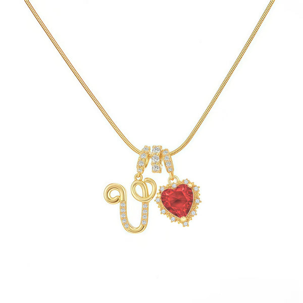  Ornate Script Initial & Red Heart Necklace in 18K Gold Plated - friendship necklace gift from Bestie Keepsake