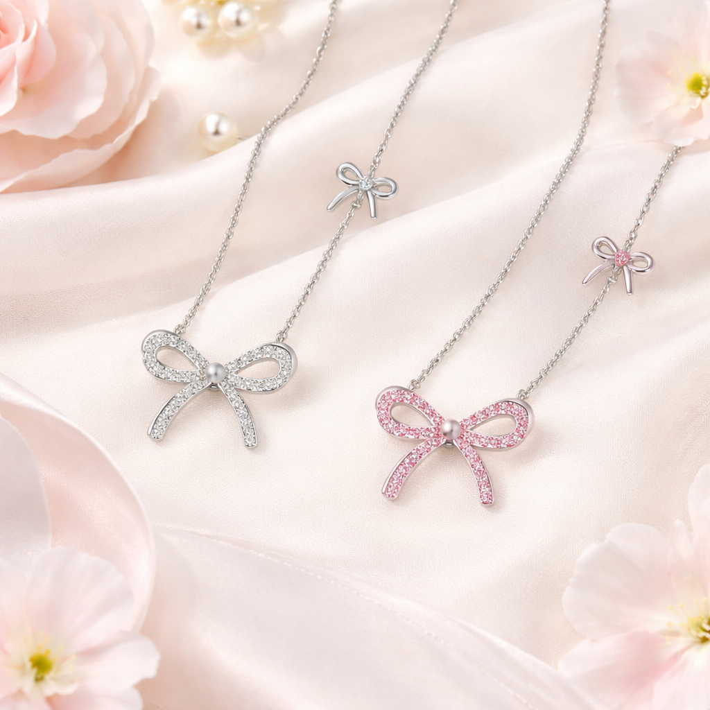  Dainty Pave Bow Ribbon Necklace in Sterling Silver - friendship necklace gift from Bestie Keepsake
