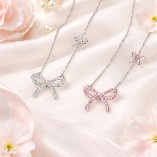  Dainty Pave Bow Ribbon Necklace in Sterling Silver - friendship necklace gift from Bestie Keepsake