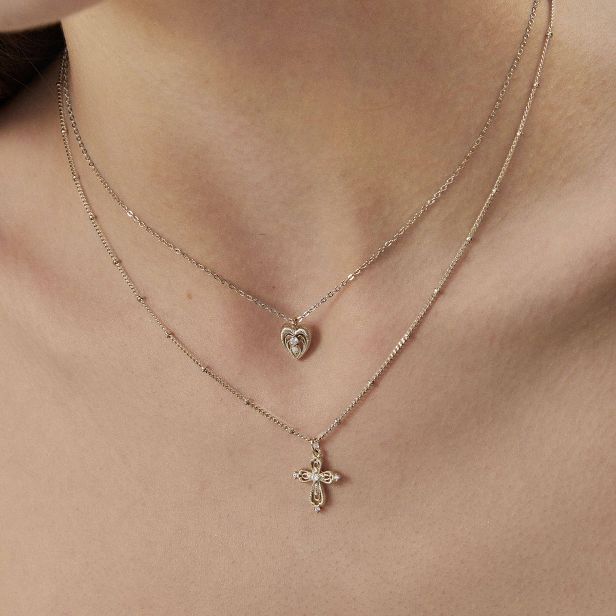  Lace Glimmer Heart & Cross Double Layer Necklace - friendship necklace gift from Bestie Keepsake