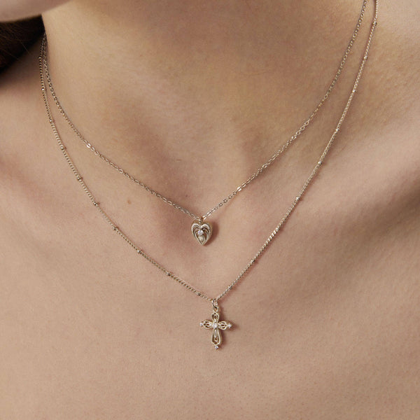  Lace Glimmer Heart & Cross Double Layer Necklace - friendship necklace gift from Bestie Keepsake