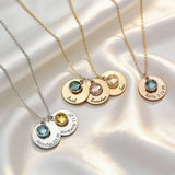  Personalized Birthstone & Engraved Disc Charm Necklace - friendship necklace gift from Bestie Keepsake