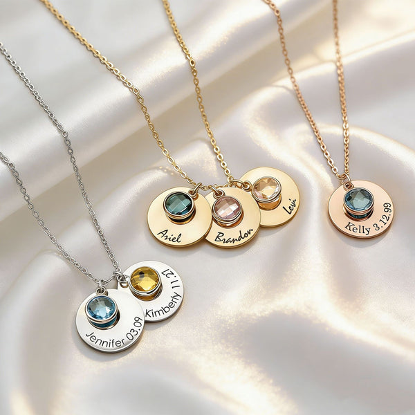  Personalized Birthstone & Engraved Disc Charm Necklace - friendship necklace gift from Bestie Keepsake