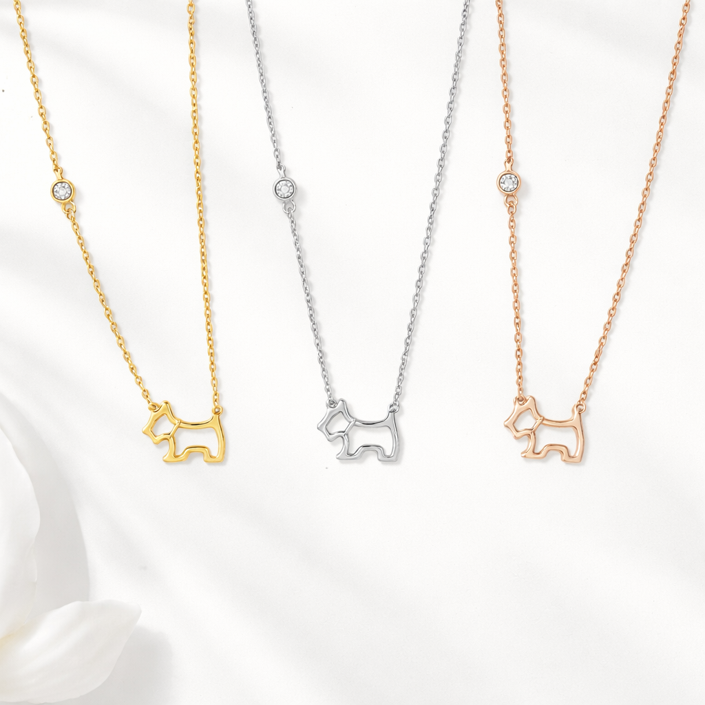  dog-shaped necklaces in gold, silver, and rose gold