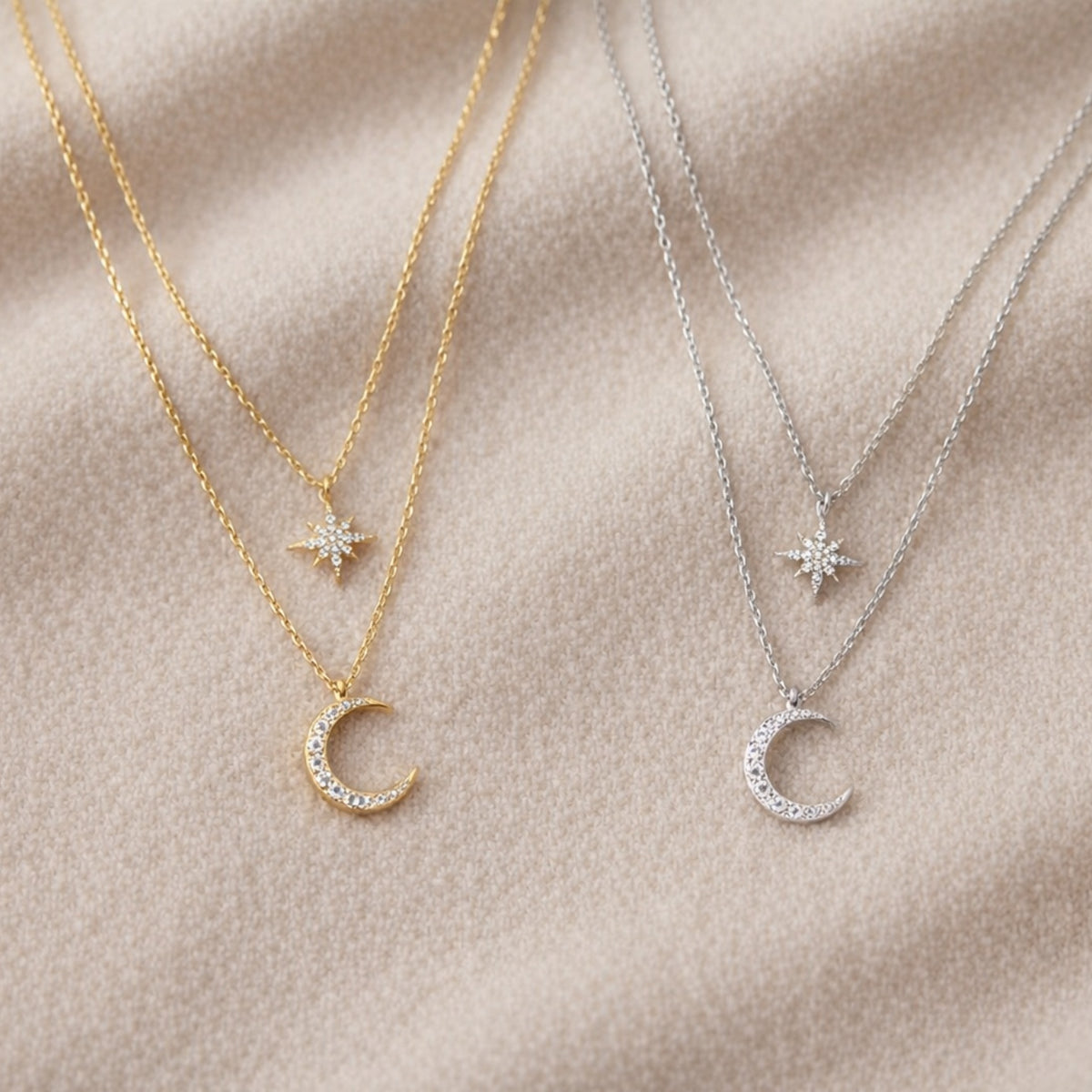  Star and Crescent Moon Layered Necklace in Brass - friendship necklace gift from Bestie Keepsake