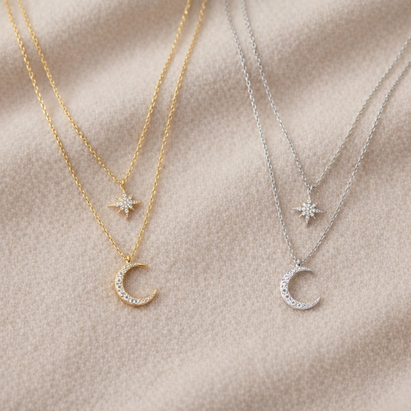  Star and Crescent Moon Layered Necklace in Brass - friendship necklace gift from Bestie Keepsake