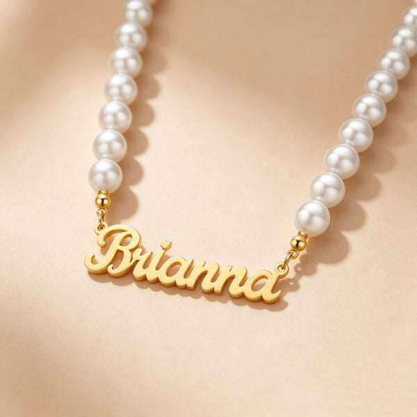  Script Nameplate Pearl Necklace Stainless Steel - friendship necklace gift from Bestie Keepsake