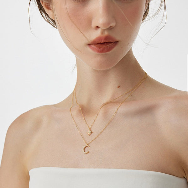  Star and Crescent Moon Layered Necklace in Brass - friendship necklace gift from Bestie Keepsake
