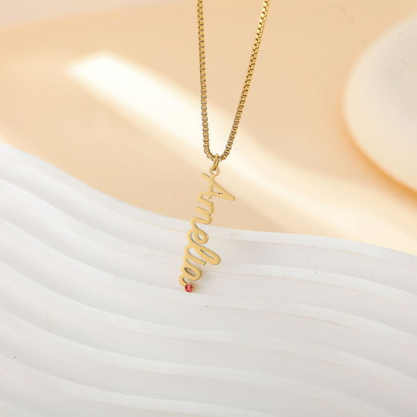  Vertical Script Name Birthstone Necklace in Stainless Steel - friendship necklace gift from Bestie Keepsake