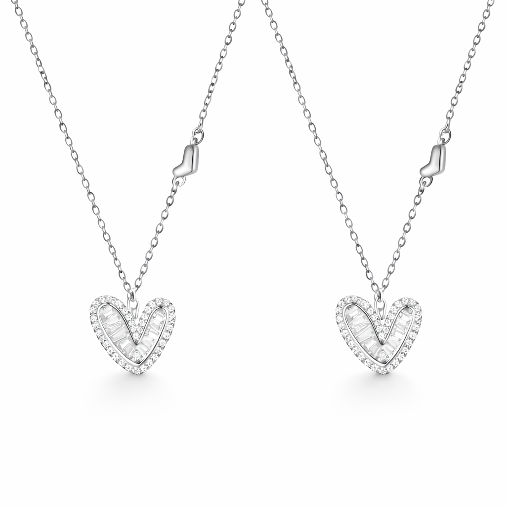  Asymmetric Baguette Heart Pendant Necklace in Sterling Silver - friendship necklace gift from Bestie Keepsake