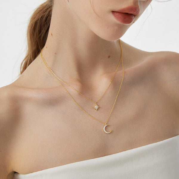  Star and Crescent Moon Layered Necklace in Brass - friendship necklace gift from Bestie Keepsake