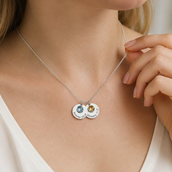  Personalized Birthstone & Engraved Disc Charm Necklace - friendship necklace gift from Bestie Keepsake