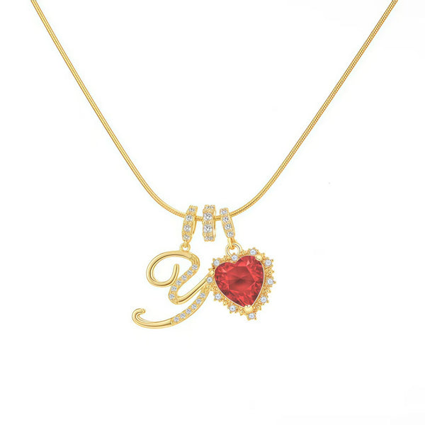  Ornate Script Initial & Red Heart Necklace in 18K Gold Plated - friendship necklace gift from Bestie Keepsake