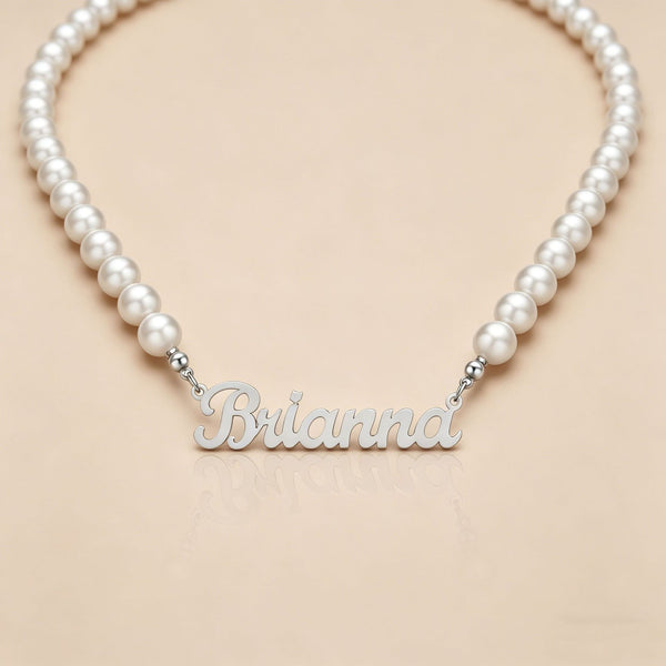  Script Nameplate Pearl Necklace Stainless Steel - friendship necklace gift from Bestie Keepsake