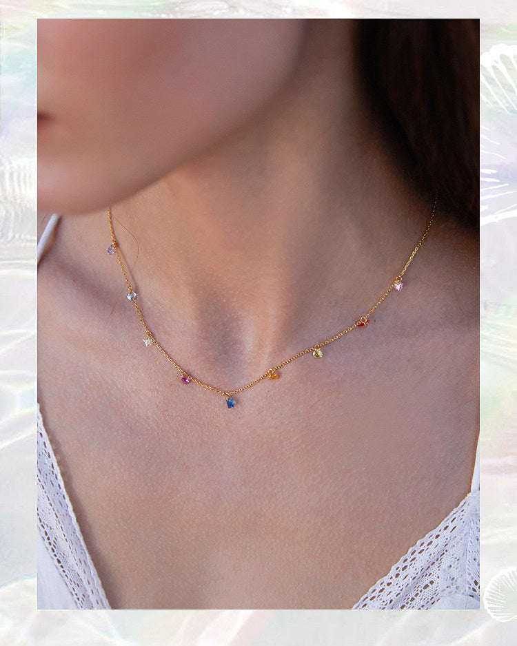  Rainbow CZ Charm Station Jewelry 18K Gold Plated - friendship necklace gift from Bestie Keepsake