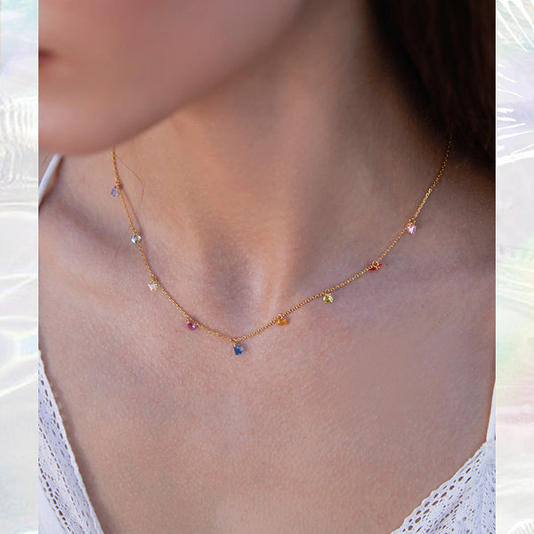  Rainbow CZ Charm Station Jewelry 18K Gold Plated - friendship necklace gift from Bestie Keepsake