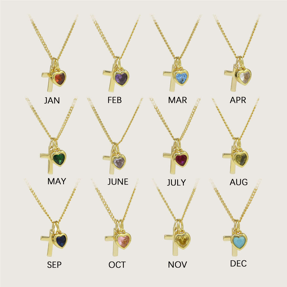  Heart Birthstone & Cross Pendant Necklace in Brass - friendship necklace gift from Bestie Keepsake
